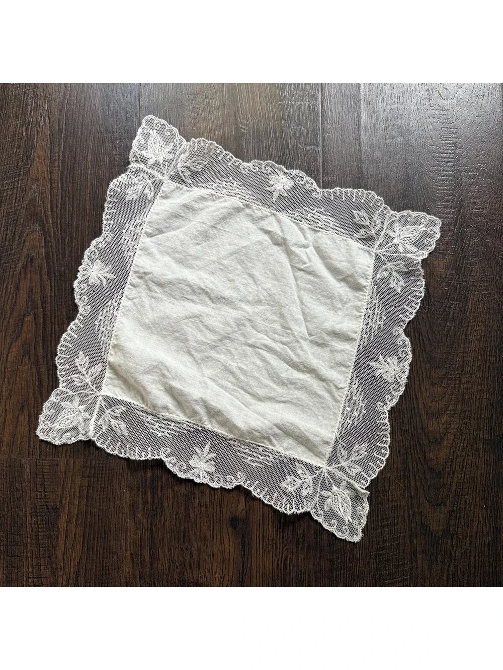 Antique Early 1900s Ivory Linen Floral Lace Handkerchief Wedding Hankie